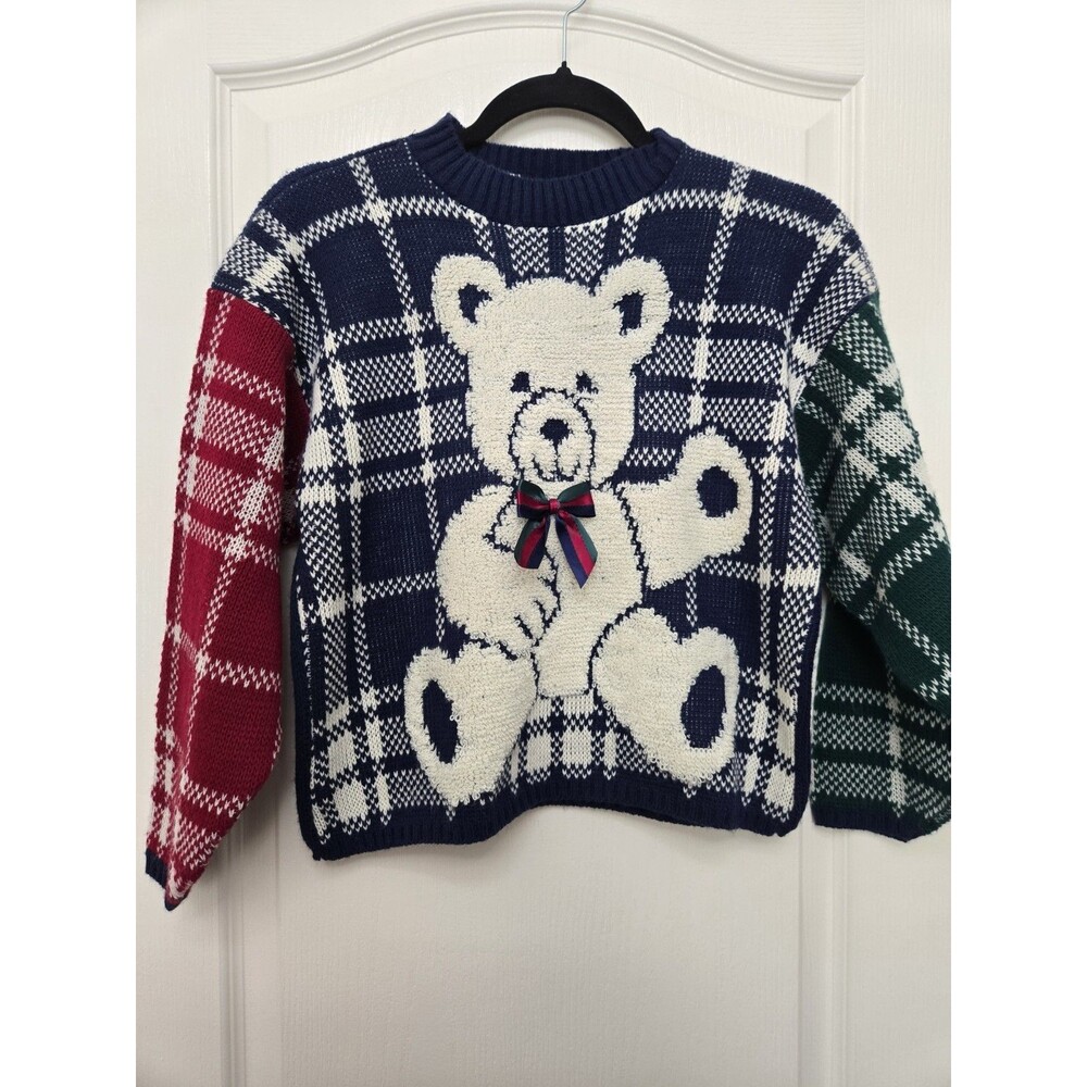 Vintage Heartworks 80s Teddy Bear Knit Sweater Youth Large Navy Crewneck Holiday